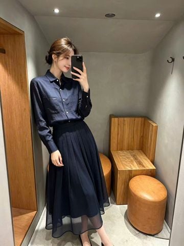  1.Chân váy lụa tơ tằm xếp ly màu navy đậm 
