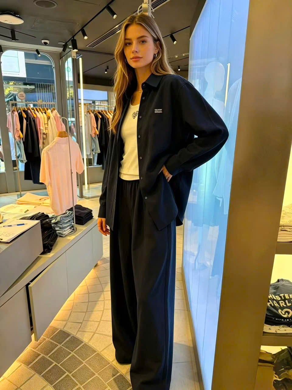  Bộ Áo sơ mi và quần vải cạp chun - Navy chữ CC trắng set 