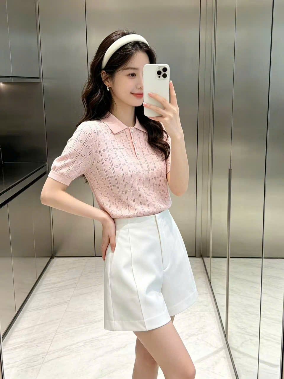  Áo polo hồng full logo, 3 cúc ngọc 