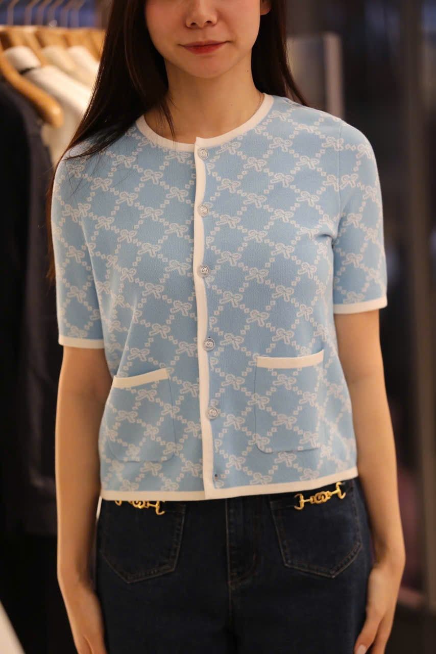  Áo CDG xanh full logo nơ trắng 