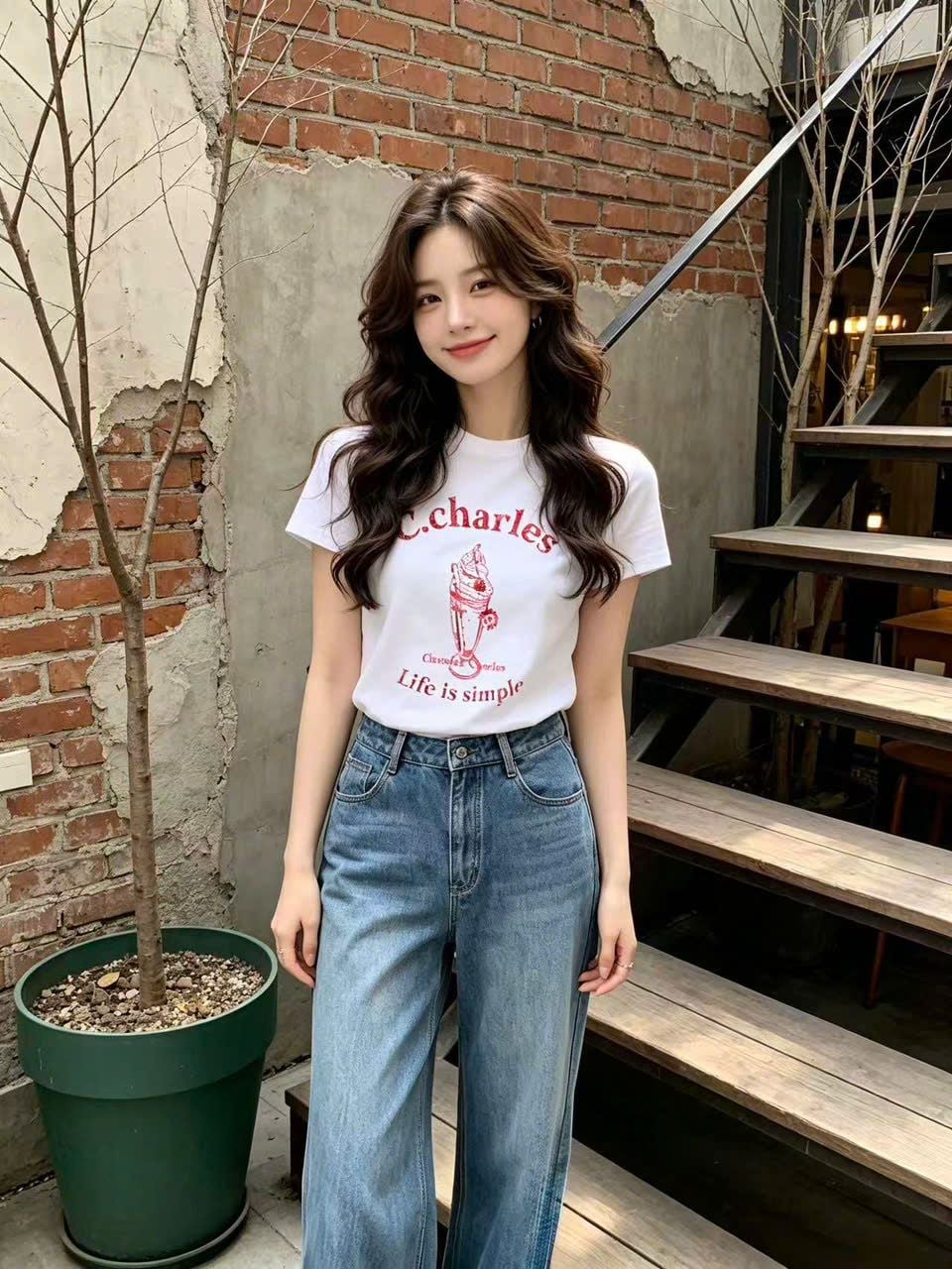  Áo T-shirt Trắng in hình ly kem chữ đỏ 
