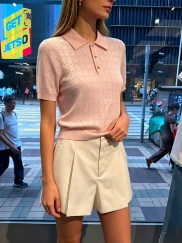  1.Áo Polo hồng pastel dệt kim 