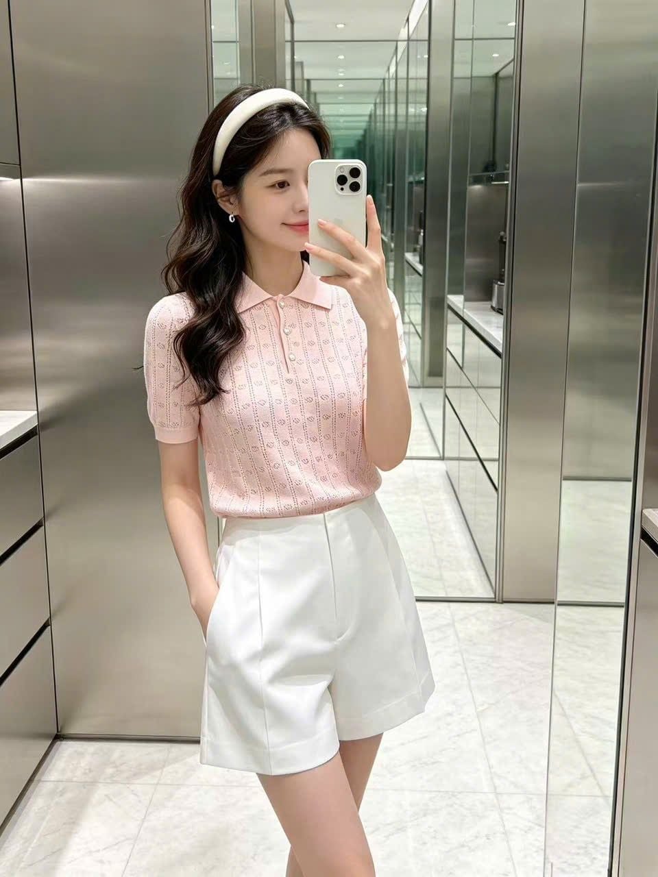  Áo polo hồng full logo, 3 cúc ngọc 
