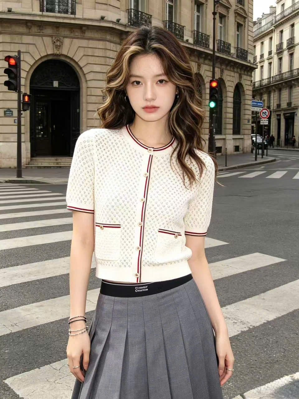  Áo CDG ngắn tay kem viền đỏ Burgundy 