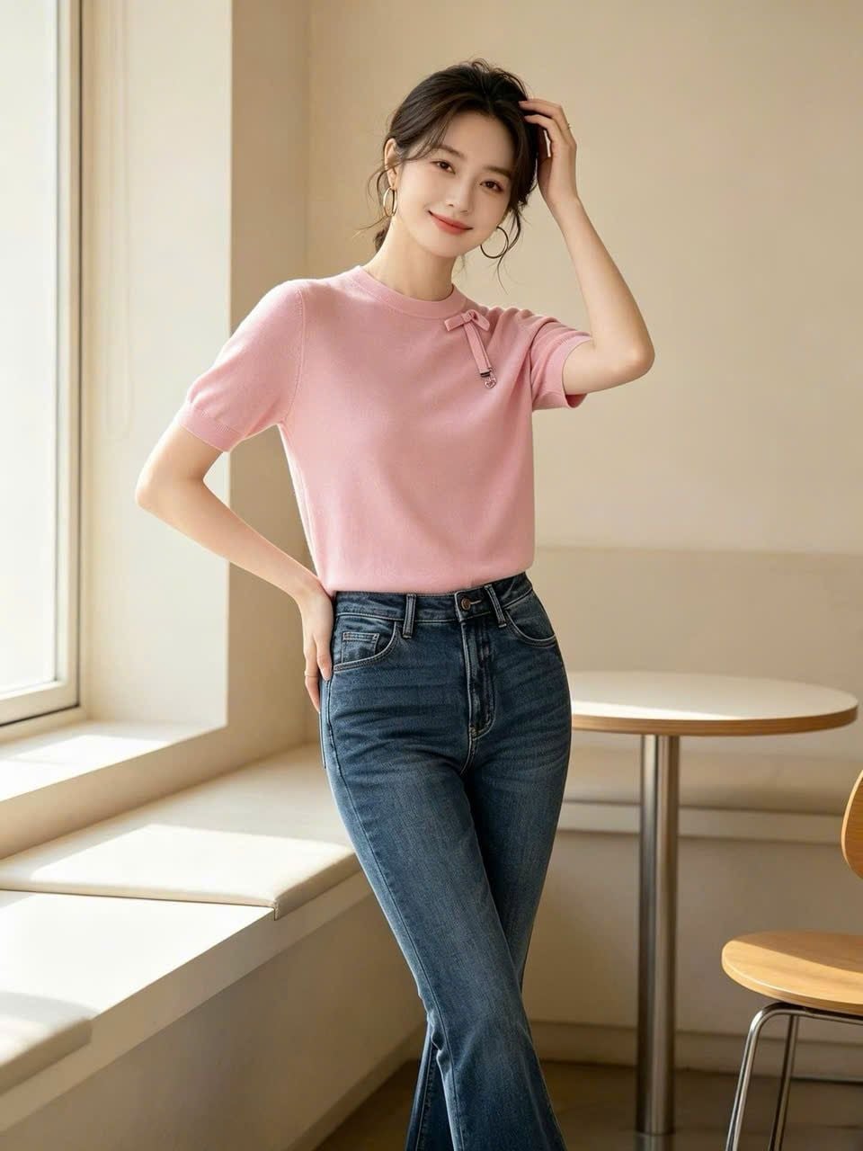  Áo hồng bo gấu, 1 bên cổ đính nơ hồng 