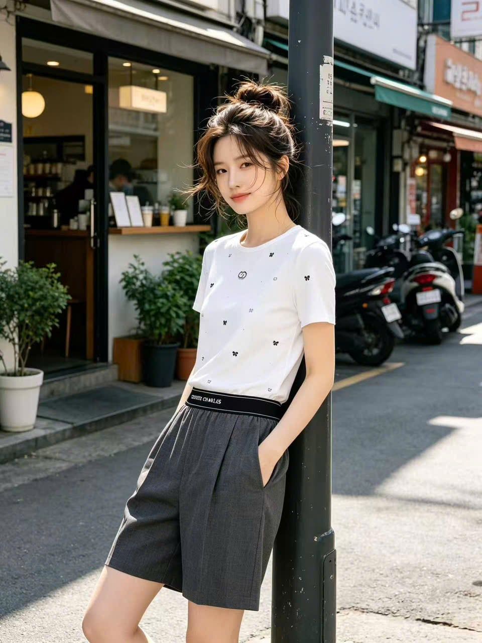  Áo thun trắng dệt thêu nơ đen 