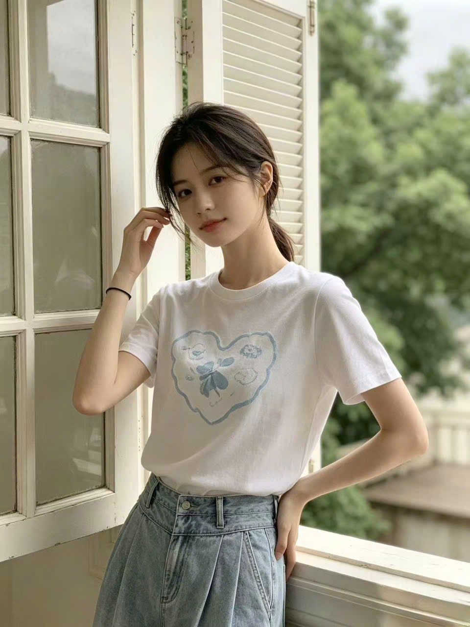  Áo phông trắng trái tim hoa xanh 