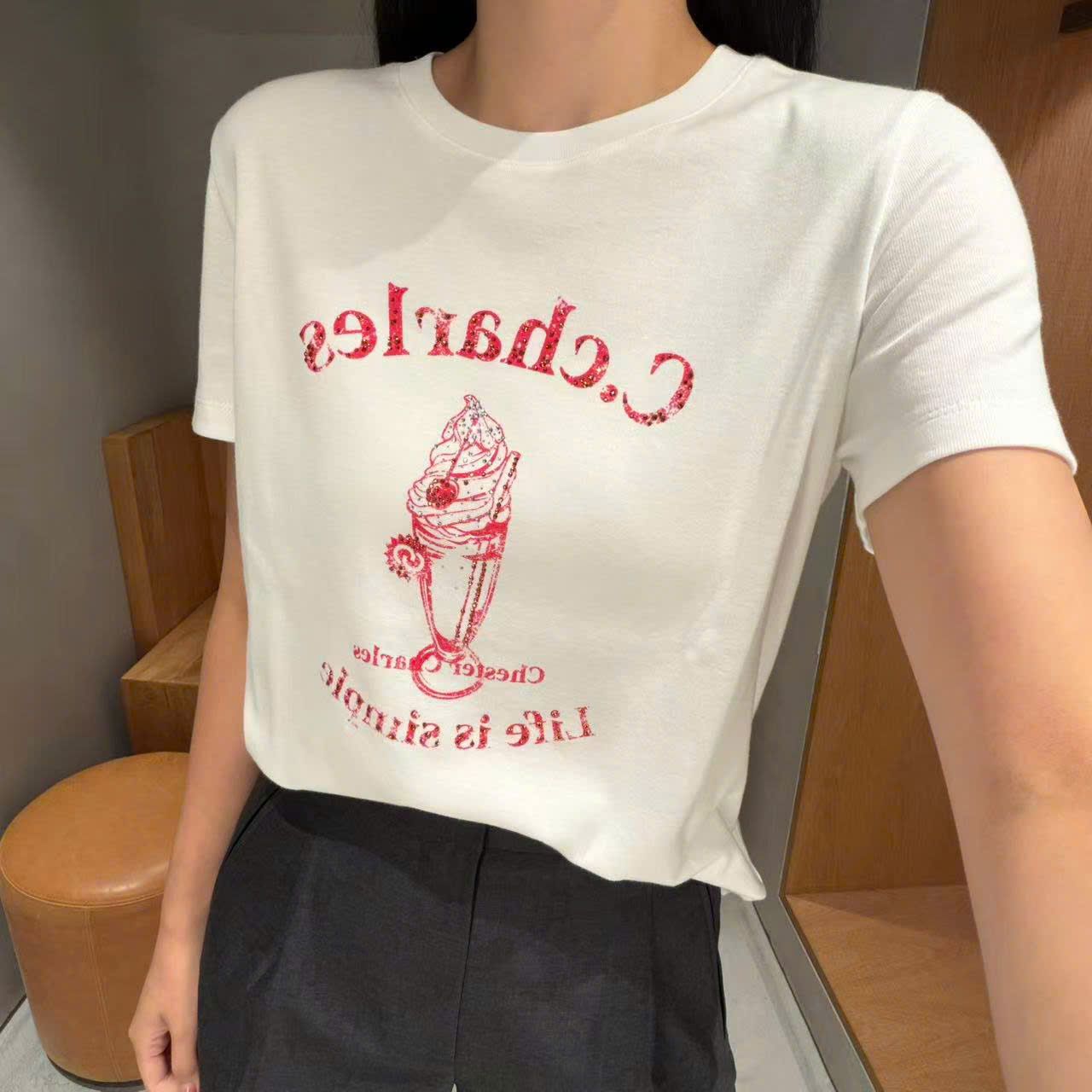 Áo T-shirt Trắng in hình ly kem chữ đỏ 
