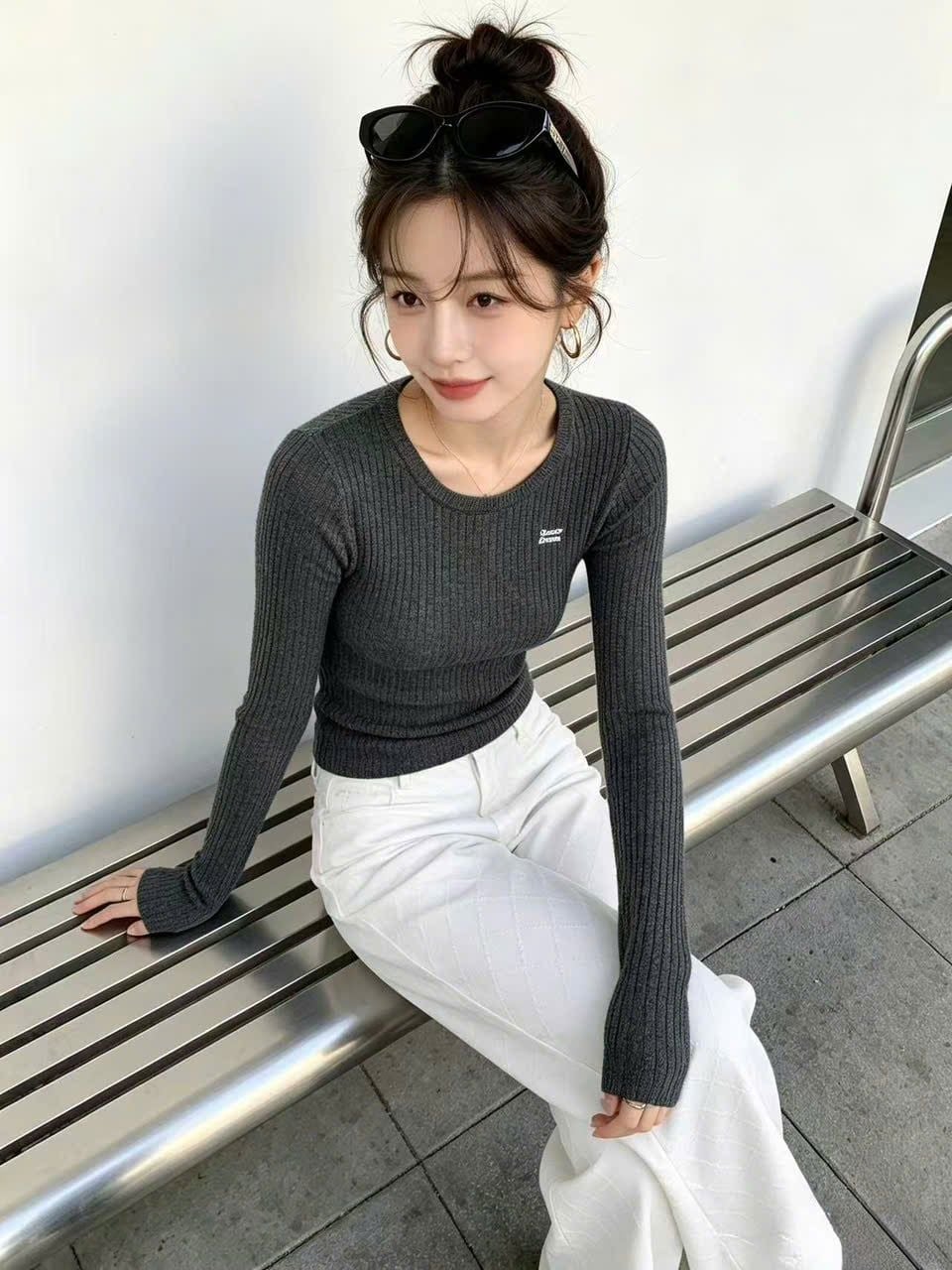  Áo Len Xám Cashmere Dệt Gân 
