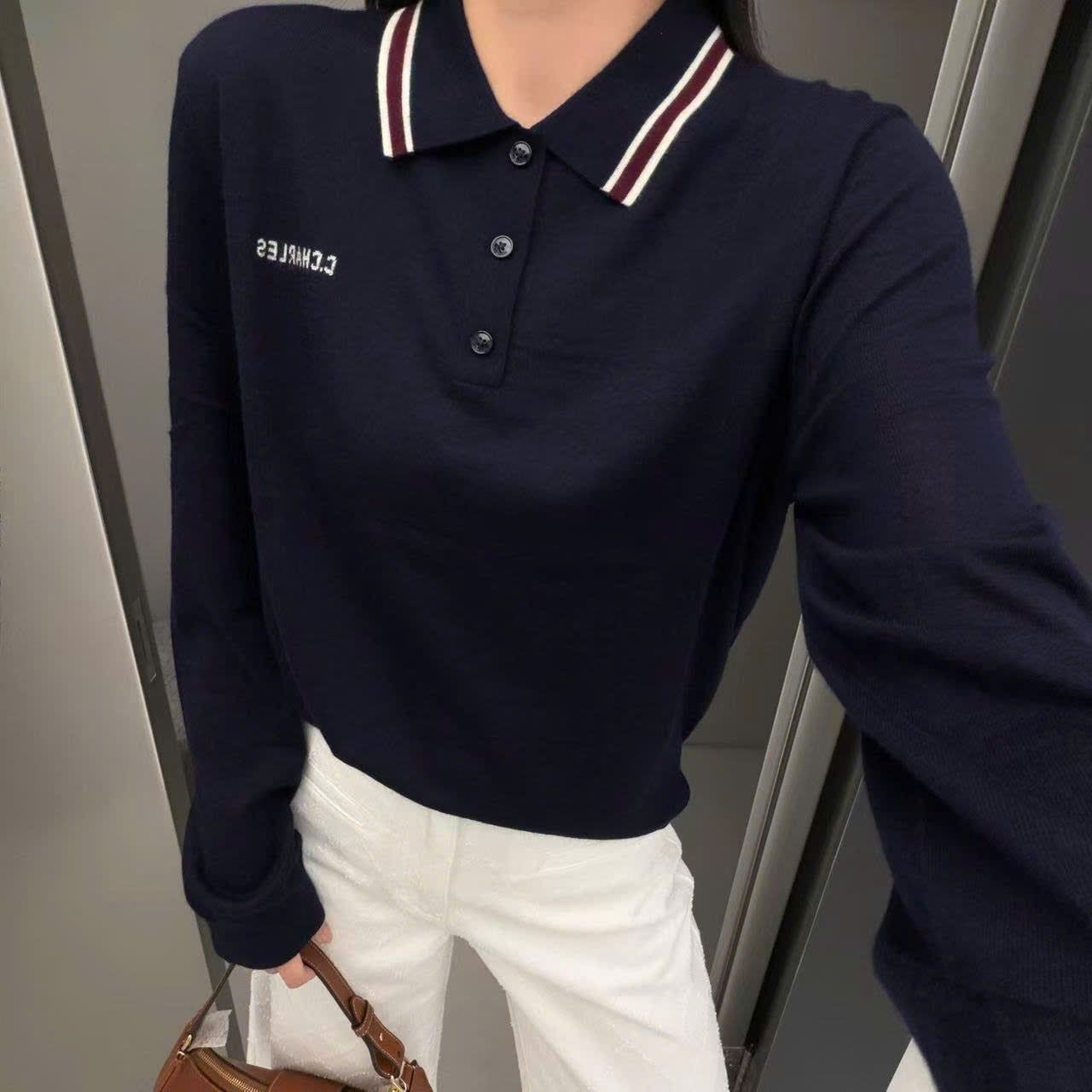  Áo Polo Navy Cashmere Cổ Sọc Tay Dài 