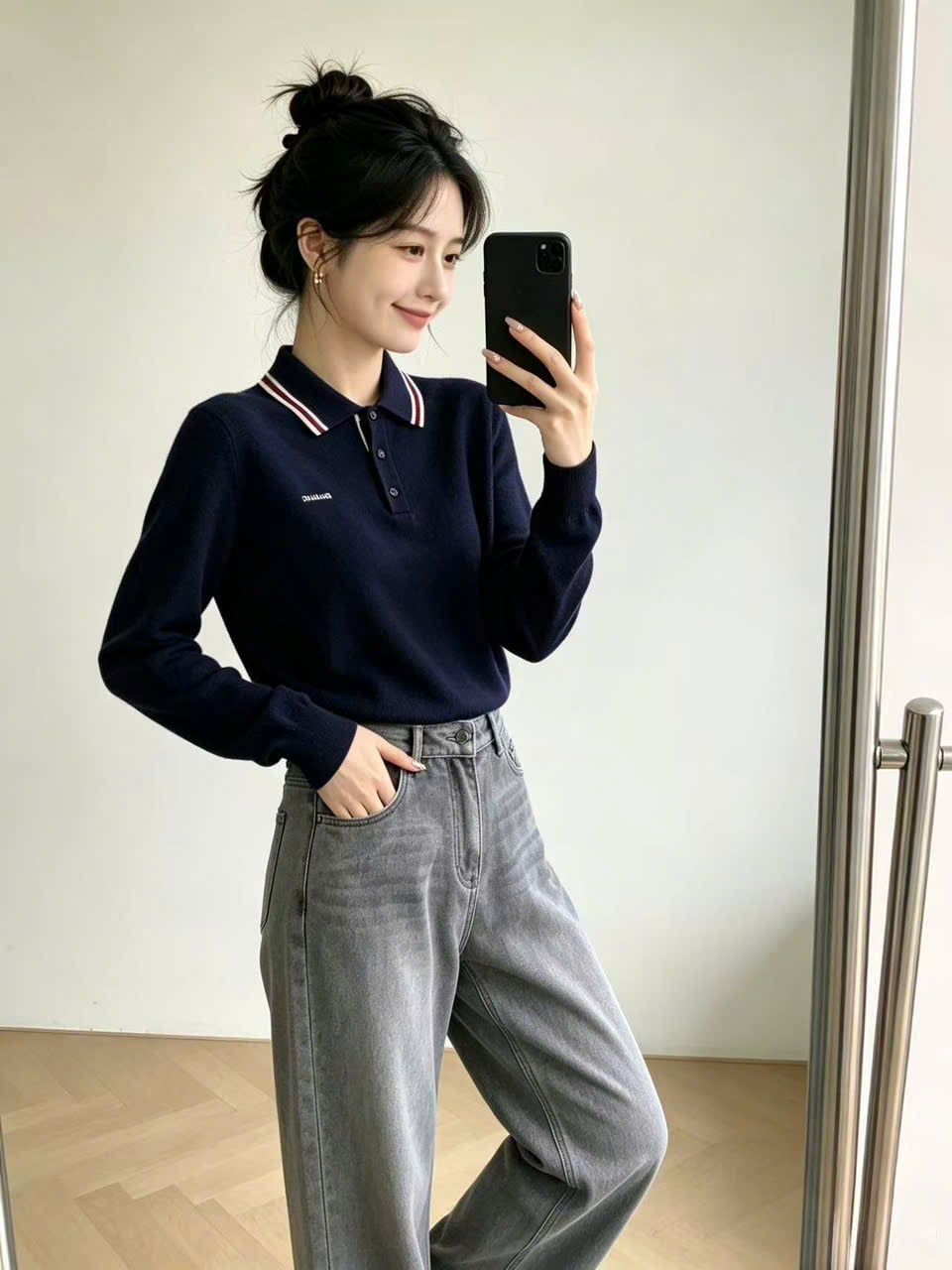  Áo Polo Navy Cashmere Cổ Sọc Tay Dài 