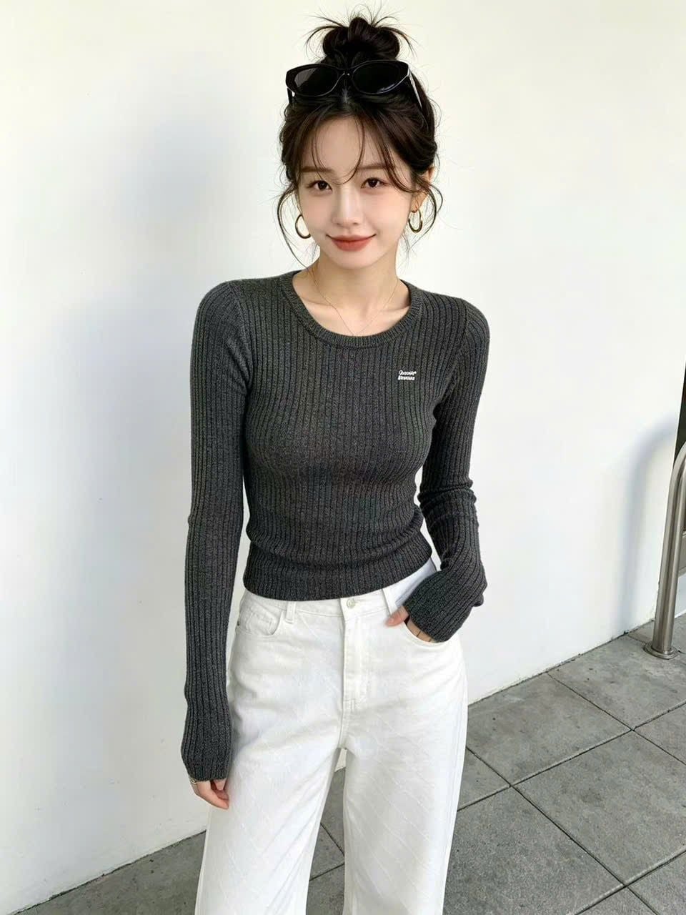  Áo Len Xám Cashmere Dệt Gân 