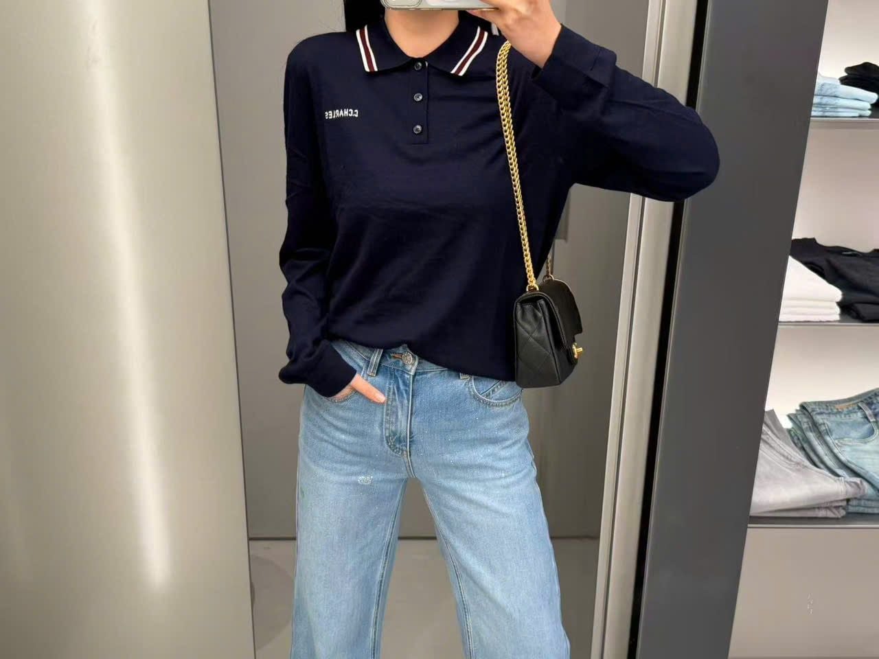  Áo Polo Navy Cashmere Cổ Sọc Tay Dài 