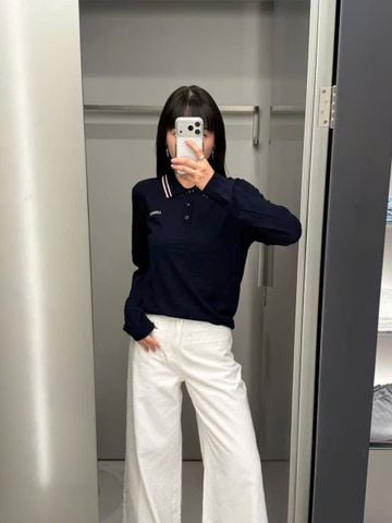  Áo Polo Navy Cashmere Cổ Sọc Tay Dài 