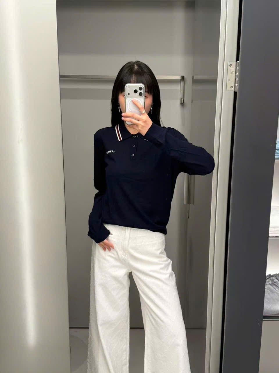  Áo Polo Navy Cashmere Cổ Sọc Tay Dài 