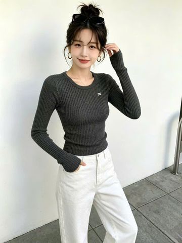  Áo Len Xám Cashmere Dệt Gân 