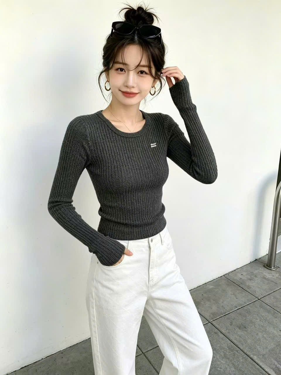  Áo Len Xám Cashmere Dệt Gân 