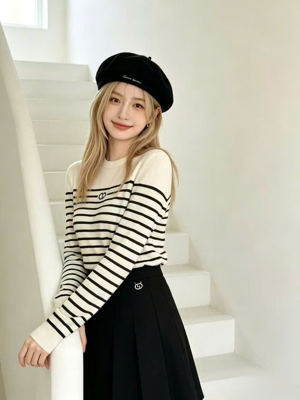  Áo Dài Tay Trắng Kẻ Đen Logo Tròn Ngực 