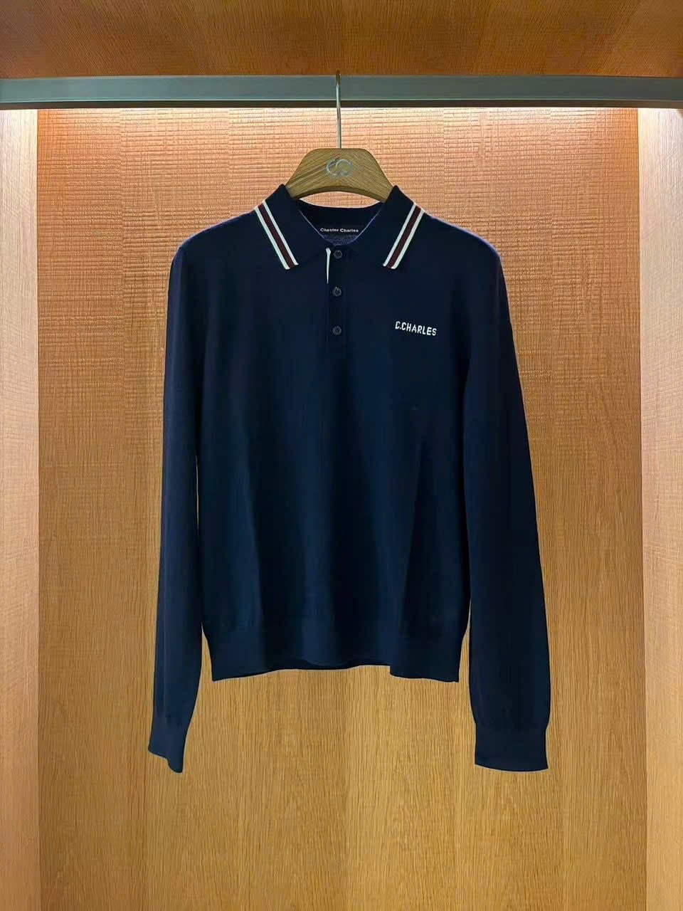  Áo Polo Navy Cashmere Cổ Sọc Tay Dài 