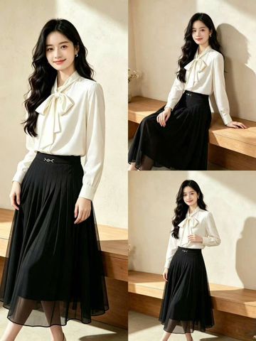  1. Áo sơ mi lụa trắng kẻ thoi , thắt dây 