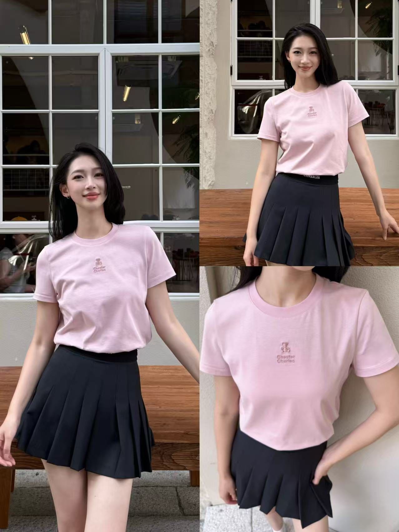  Áo phông hồng gấu nhỏ chữ ngực 