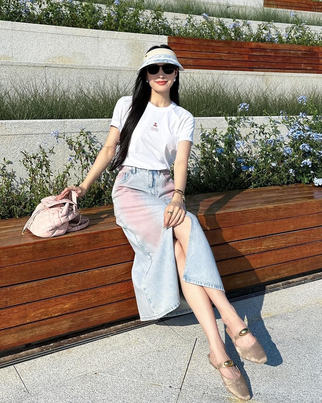  Chân váy jean dài mài hồng - xẻ giữa 