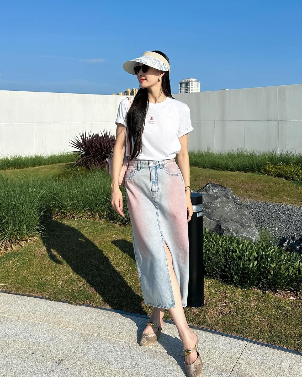  Chân váy jean dài mài hồng - xẻ giữa 