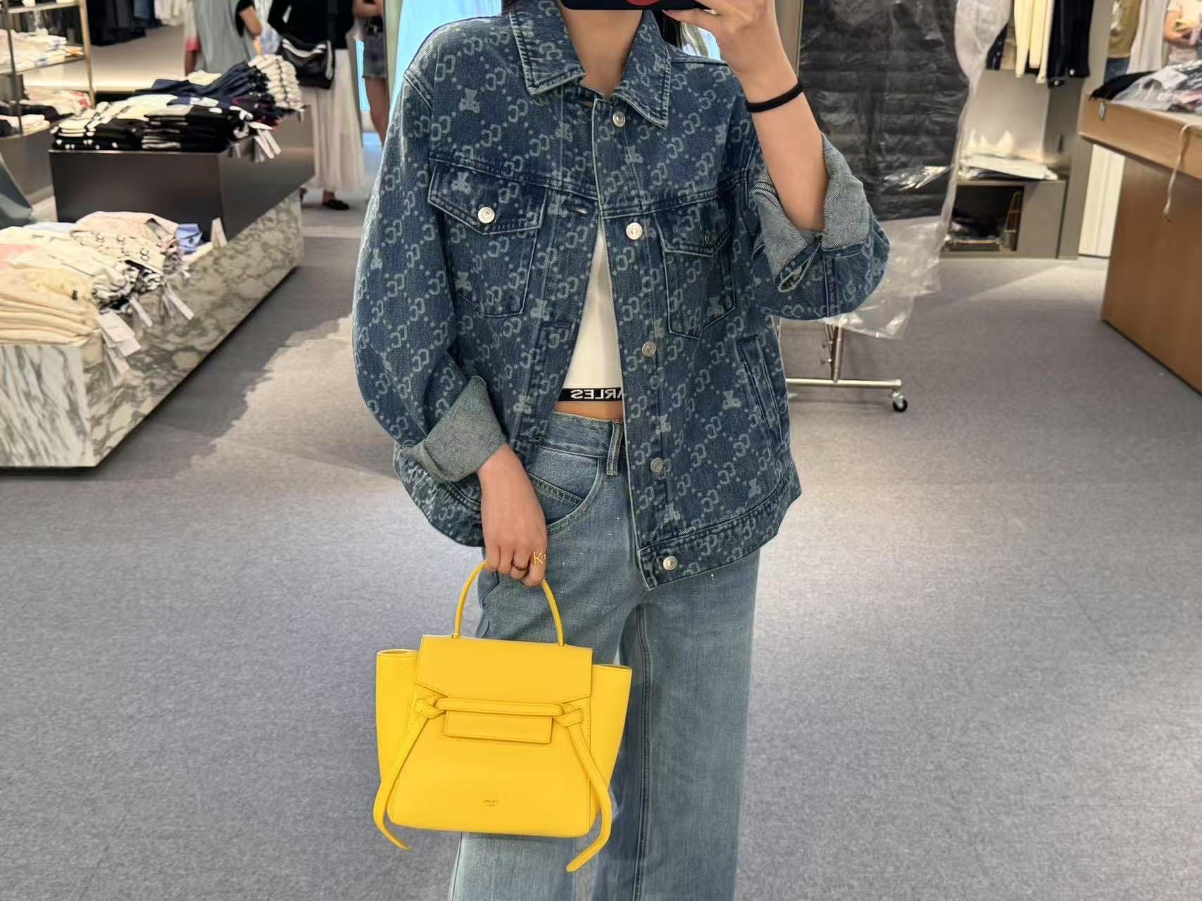  1.Áo khoác denim xanh nhiều túi full logo 