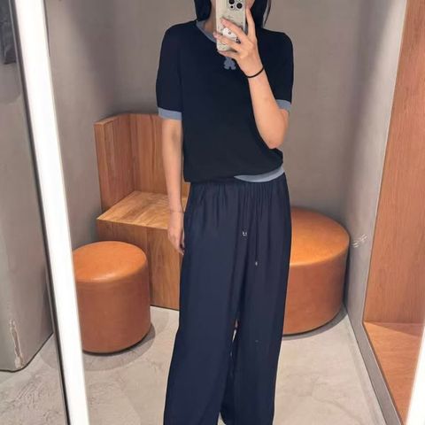  Quần lụa dài xanh navy, dây rút 