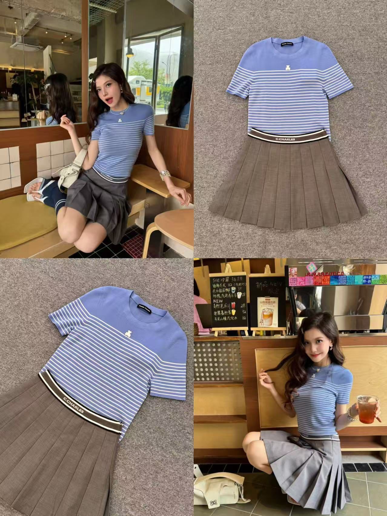  Áo ngắn tay xanh da trời kẻ sọc ngang - gấu trắng 