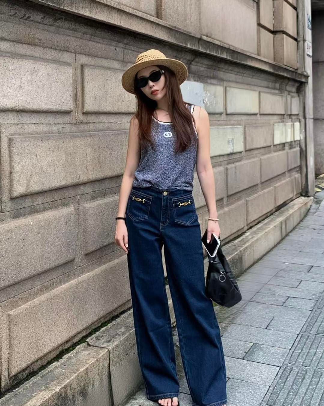  Quần jean xanh vải Ý, xích vàng 