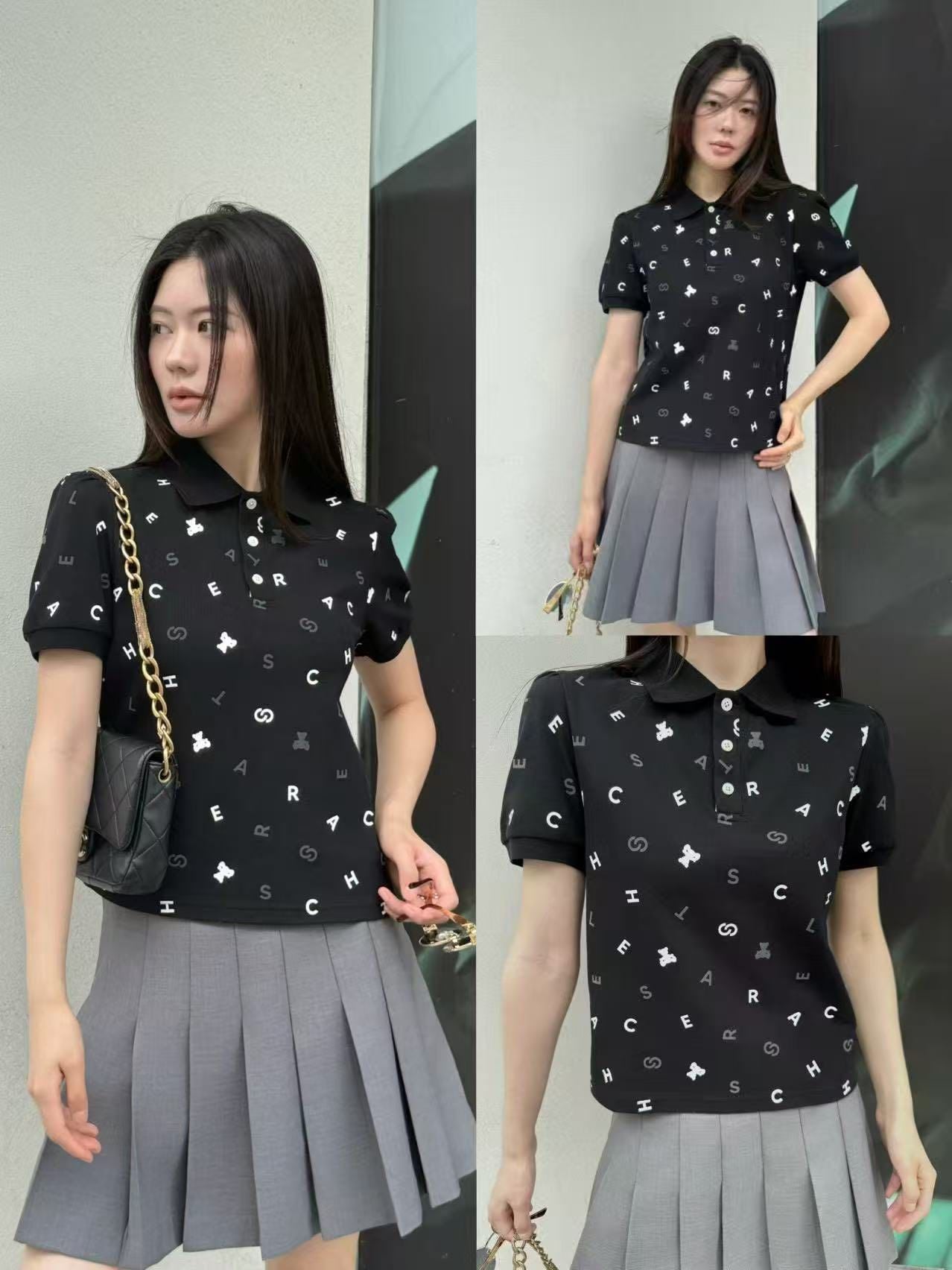  Áo polo đen, họa tiết chữ, gấu trắng 