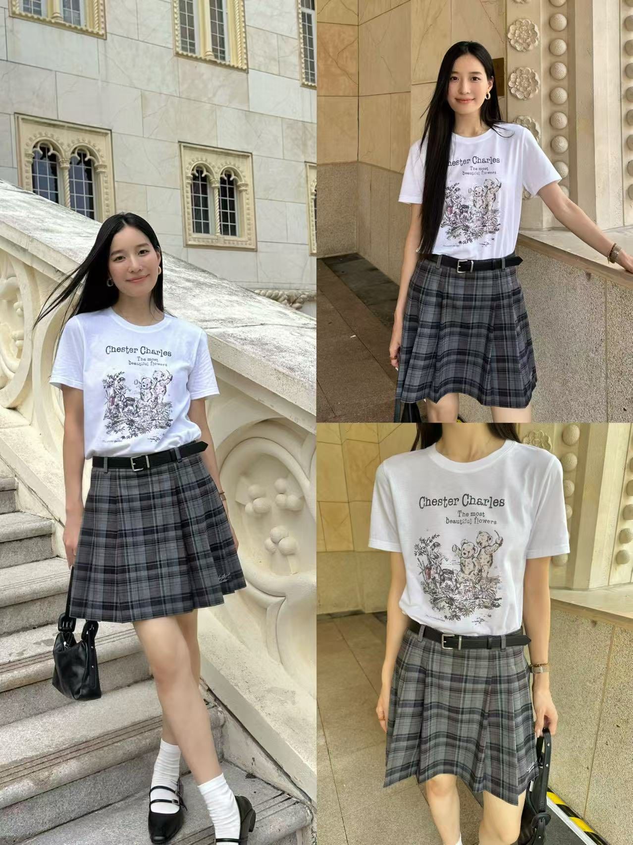  4.Áo phông trắng họa tiết gấu xám hồng nhẹ 