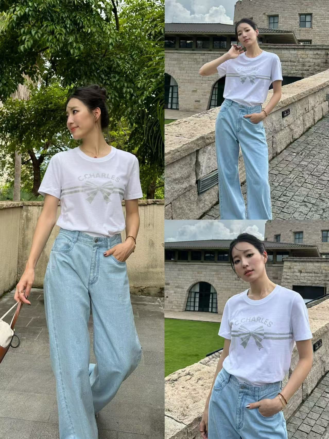  5. Áo phông trắng nơ xám ngang áo 