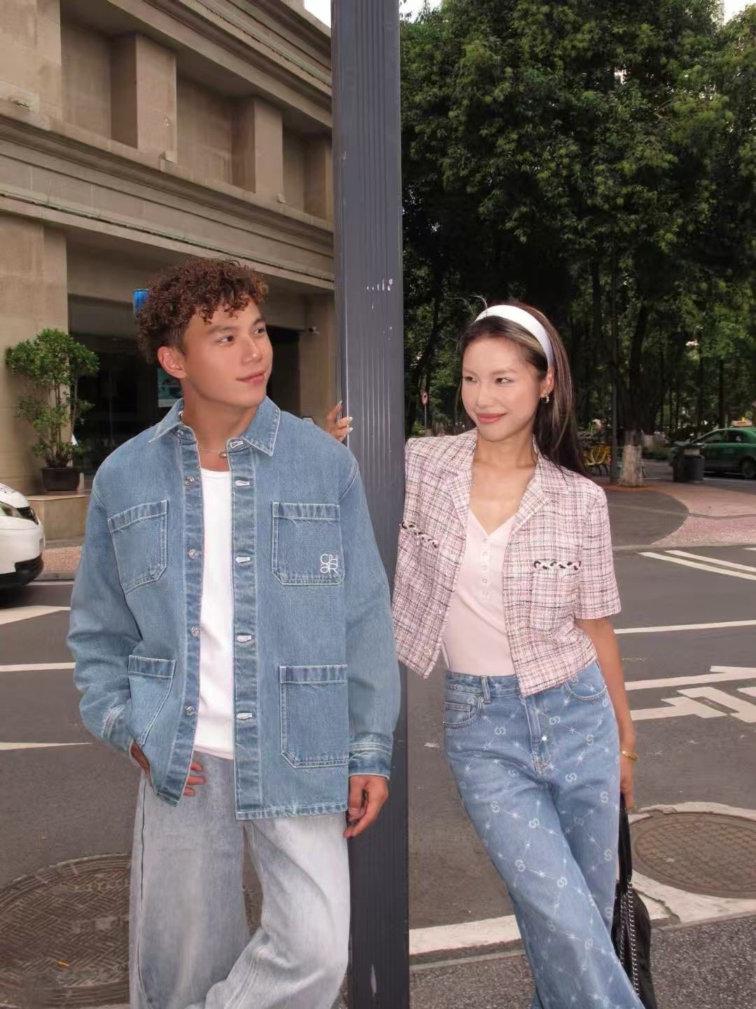  Áo dạ tweed xanh hồng ngắn tay 