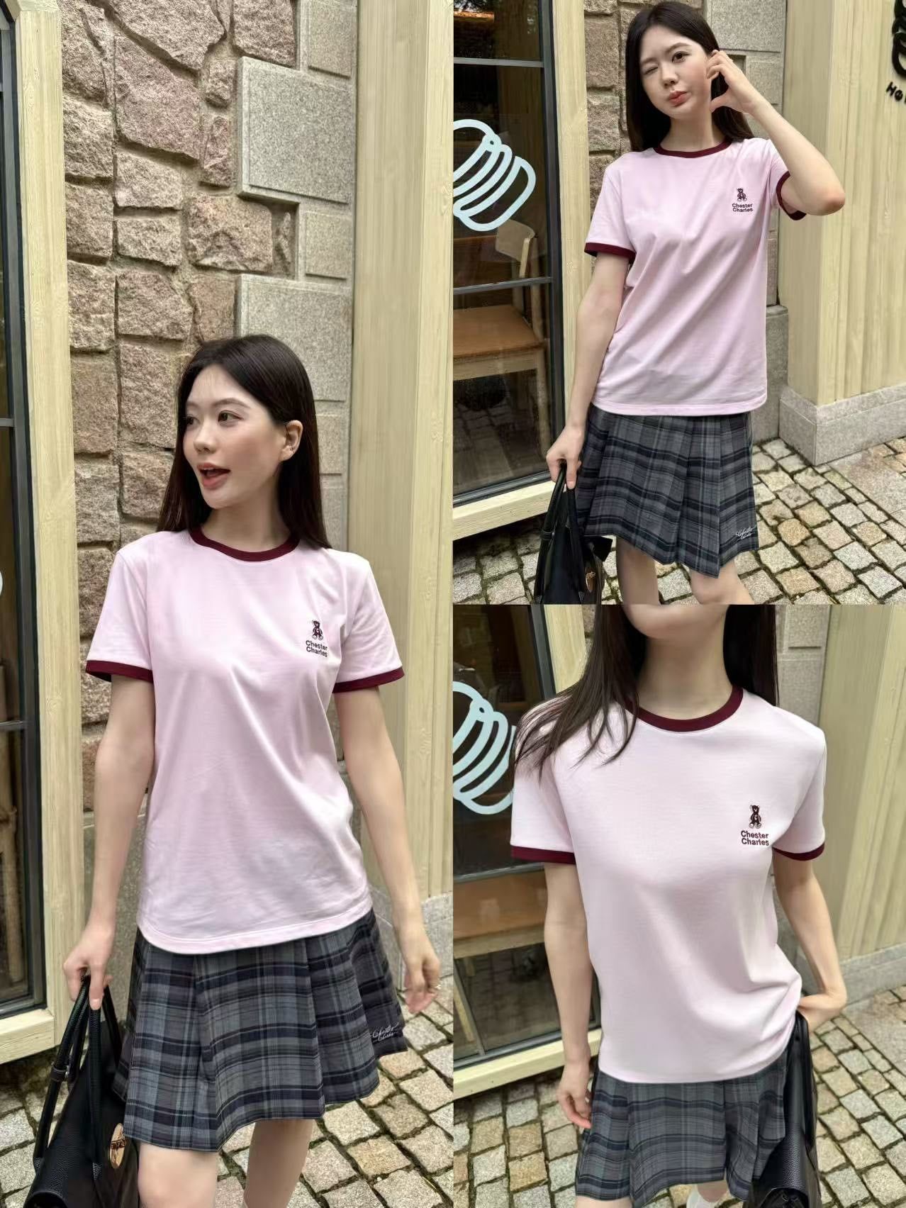  Áo phông hồng , viền đỏ gấu chữ 1 bên ngực 