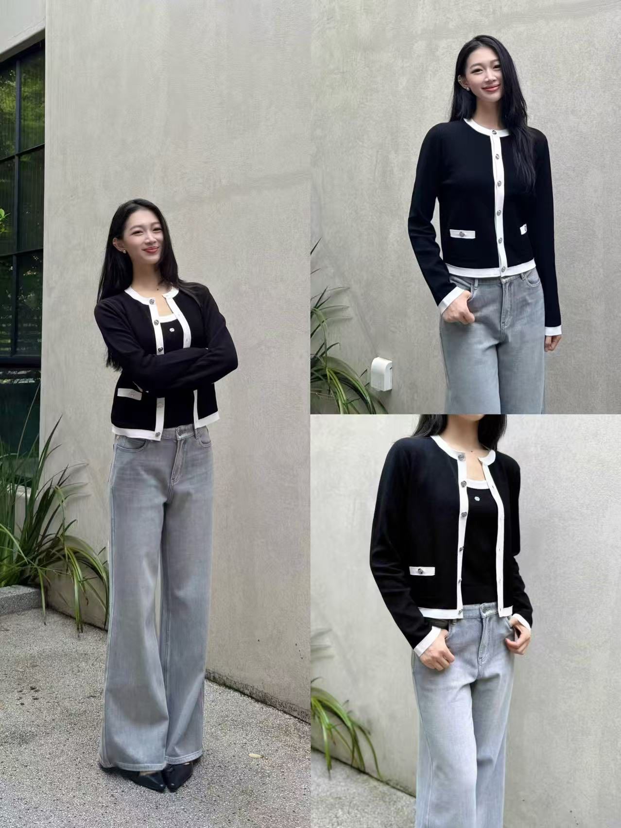  Áo CDG đen dài tay , viền trắng cúc đính đá 