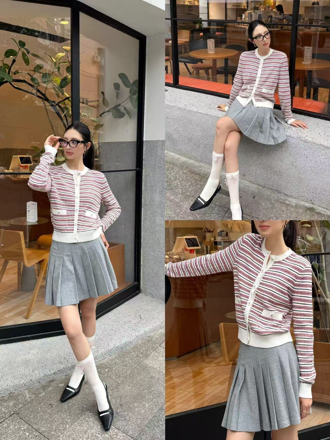  Chân váy ngắn ghi xám xếp ly - cạp chữ trắng 