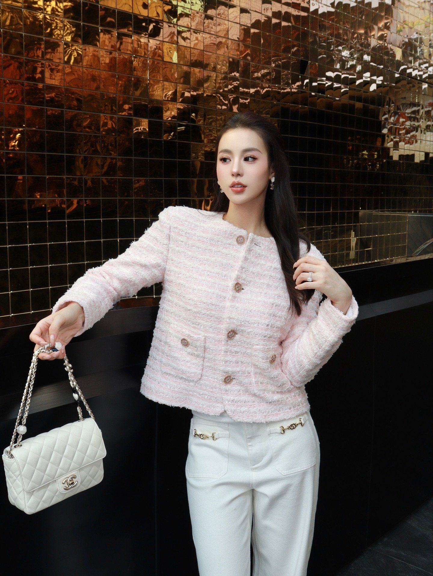  Áo Twed Hồng - Nút đồng 