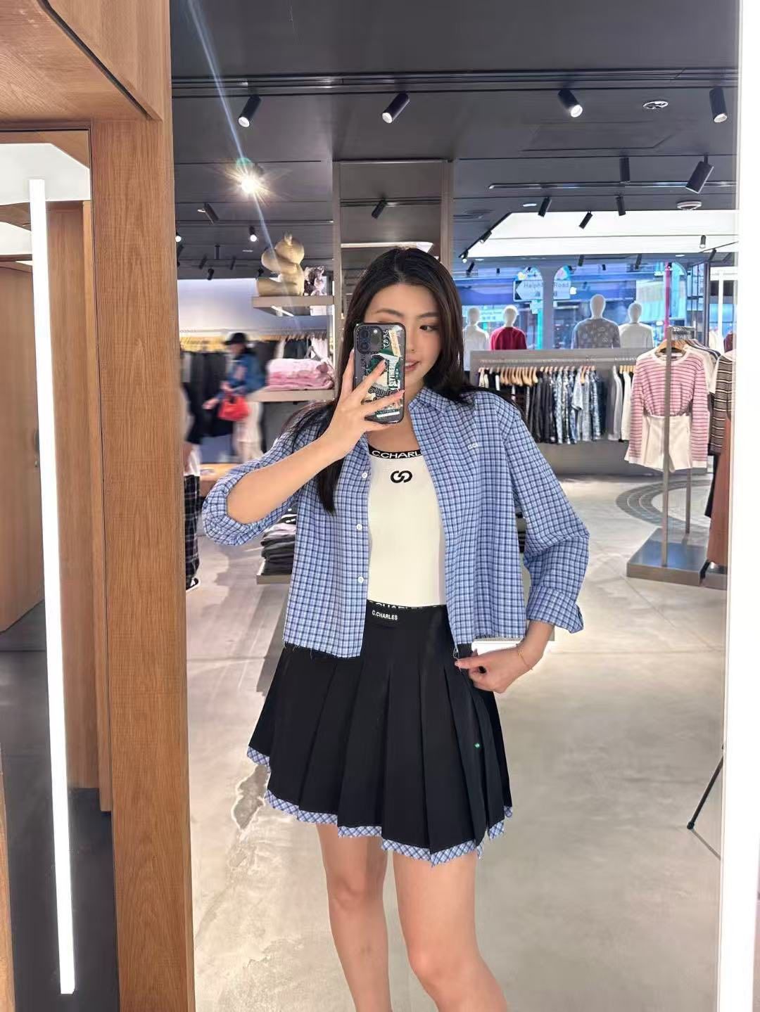  Áo sơ mi dáng ngắn Xanh lam kẻ 