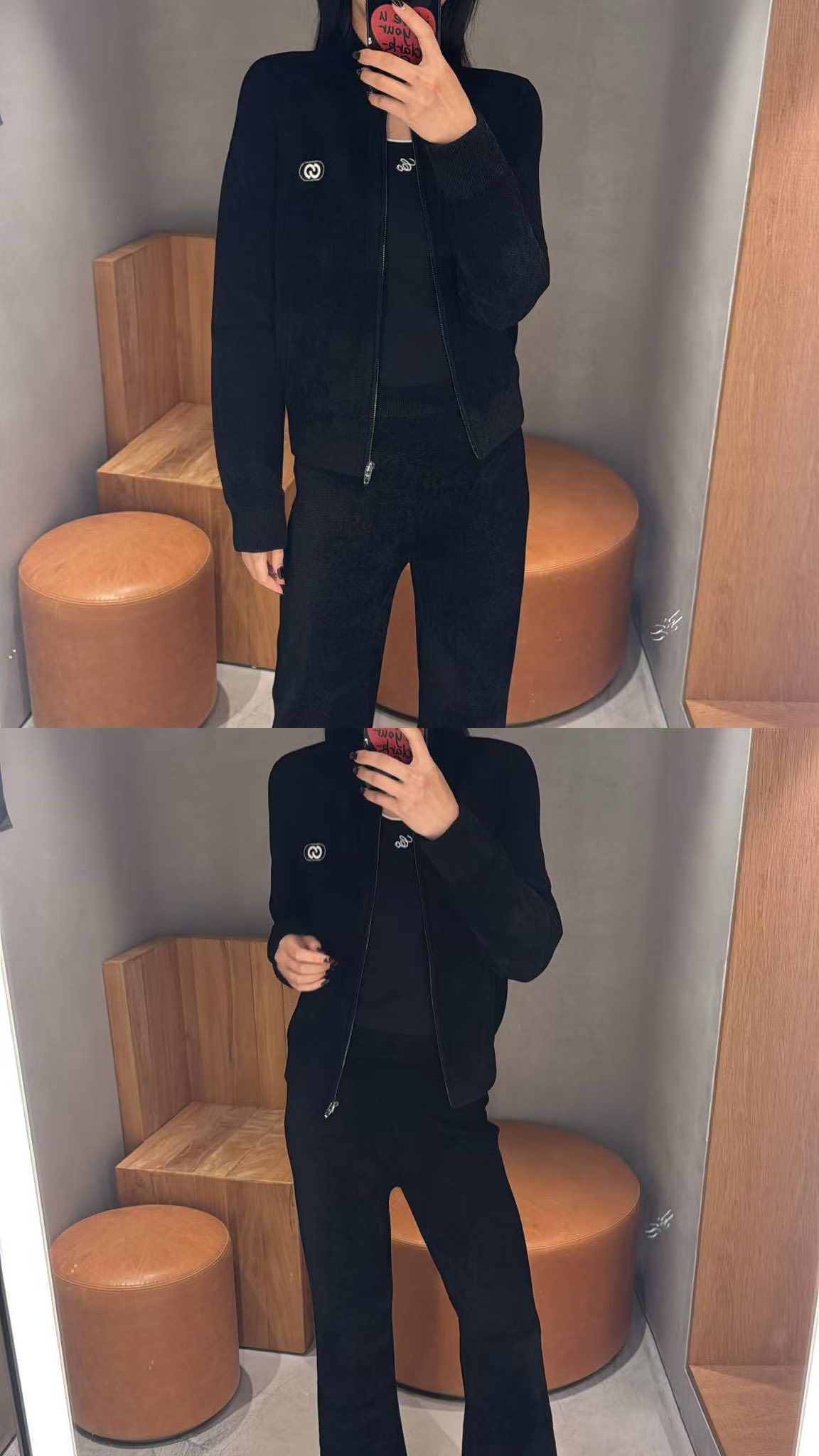  Áo khoác nhung đen xốp, logo trắng 1 bên (SET) 