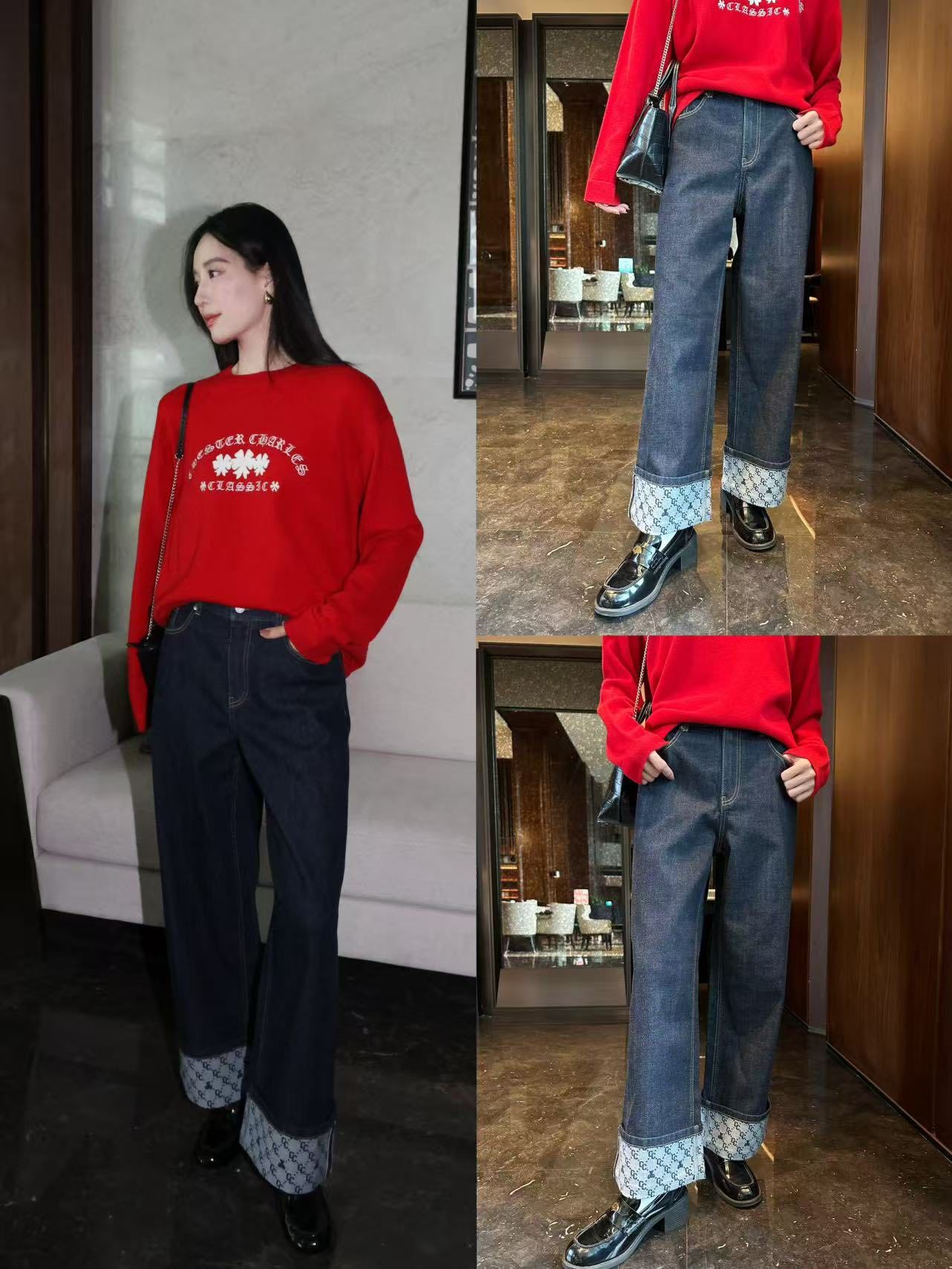  Quần jean xanh gấp gấu logo 