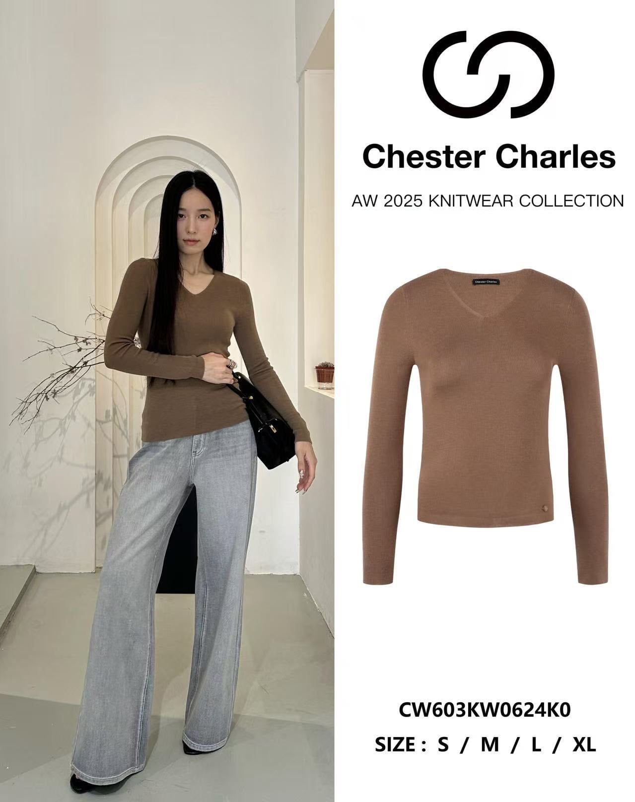  1.Áo len dài tay - Nâu cổ tim 