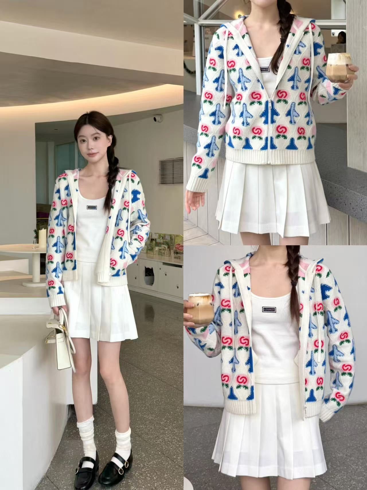  Áo khoác có mũ trắng kéo khóa họa tiết máy bay 