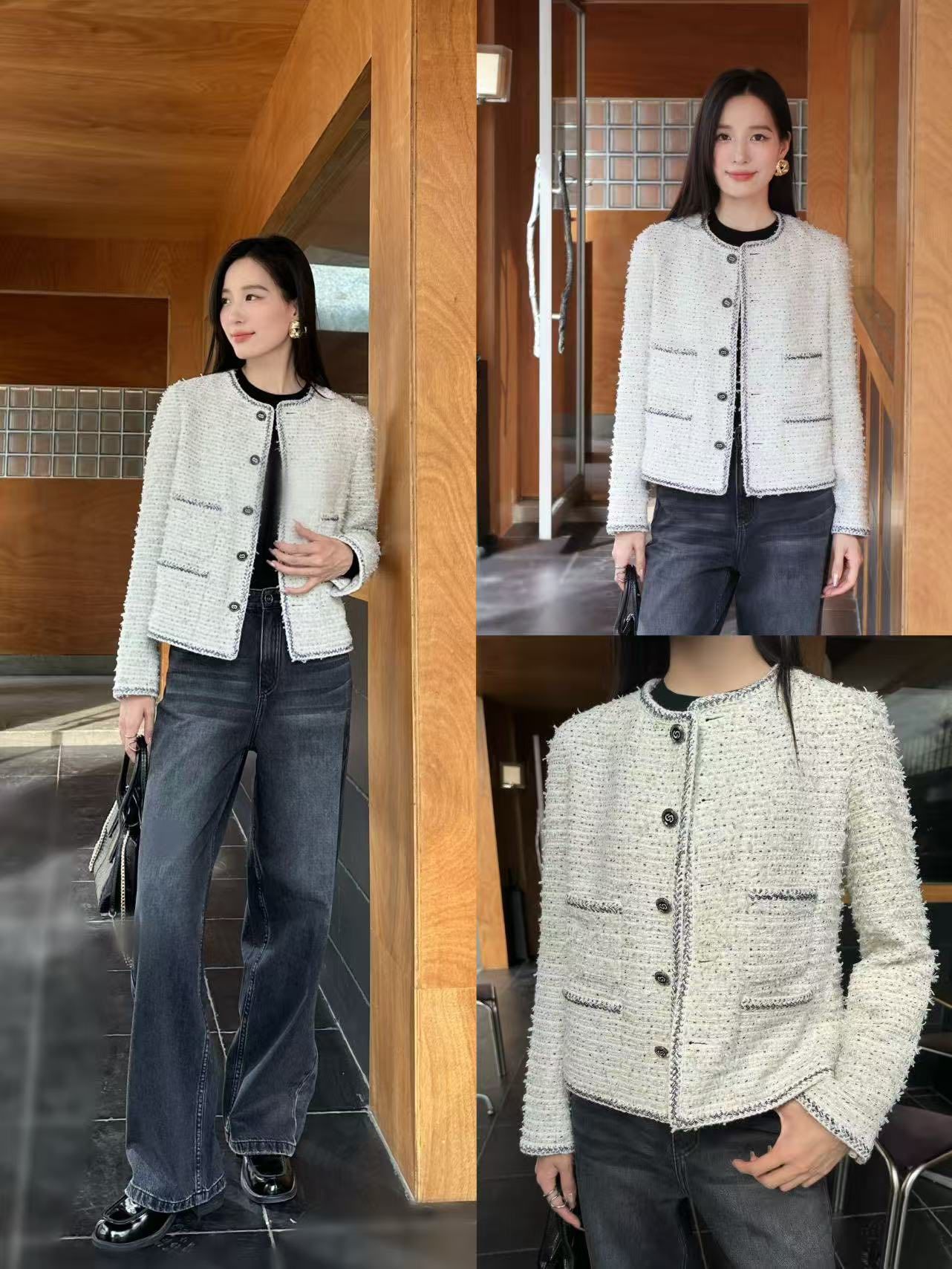  Áo tweed trắng chấm đen -cúc đen 