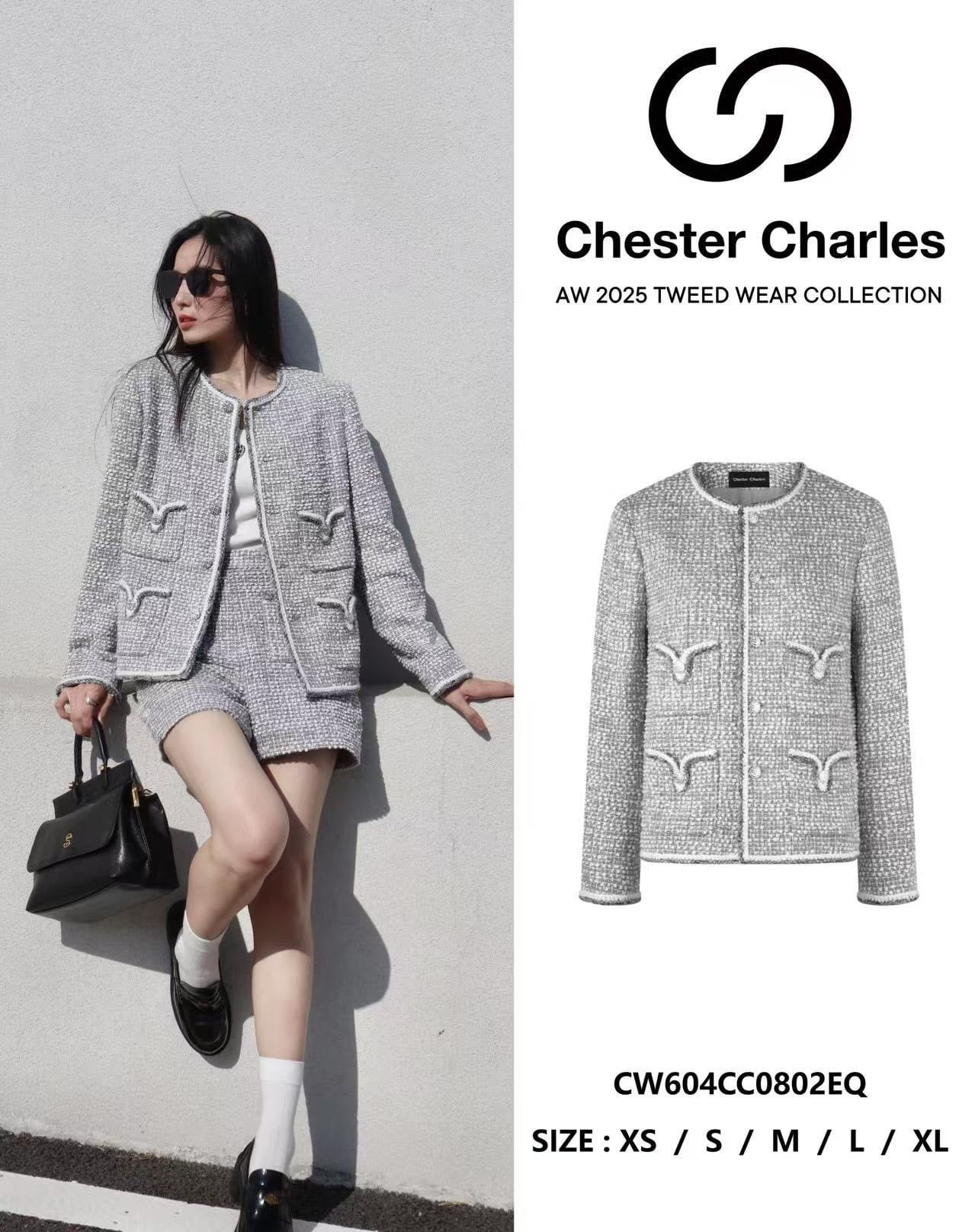  Áo tweed xám trắng 4 túi V 