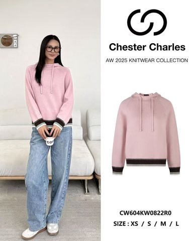  2.Áo len hồng dài tay có mũ viền xanh 