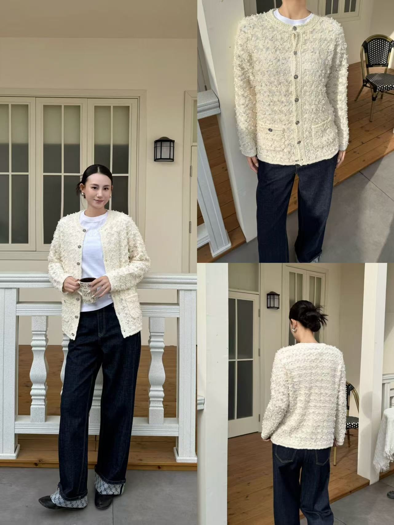  Áo CDG trắng kem cúc bạc dáng dài 