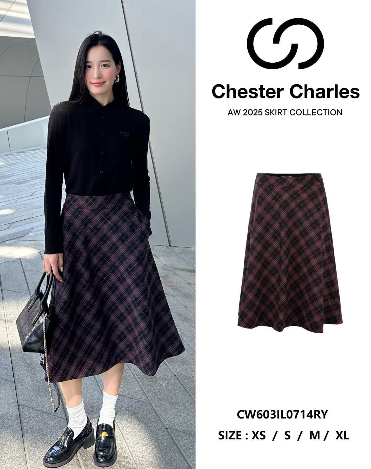  4.Chân váy dài kẻ đỏ đen 