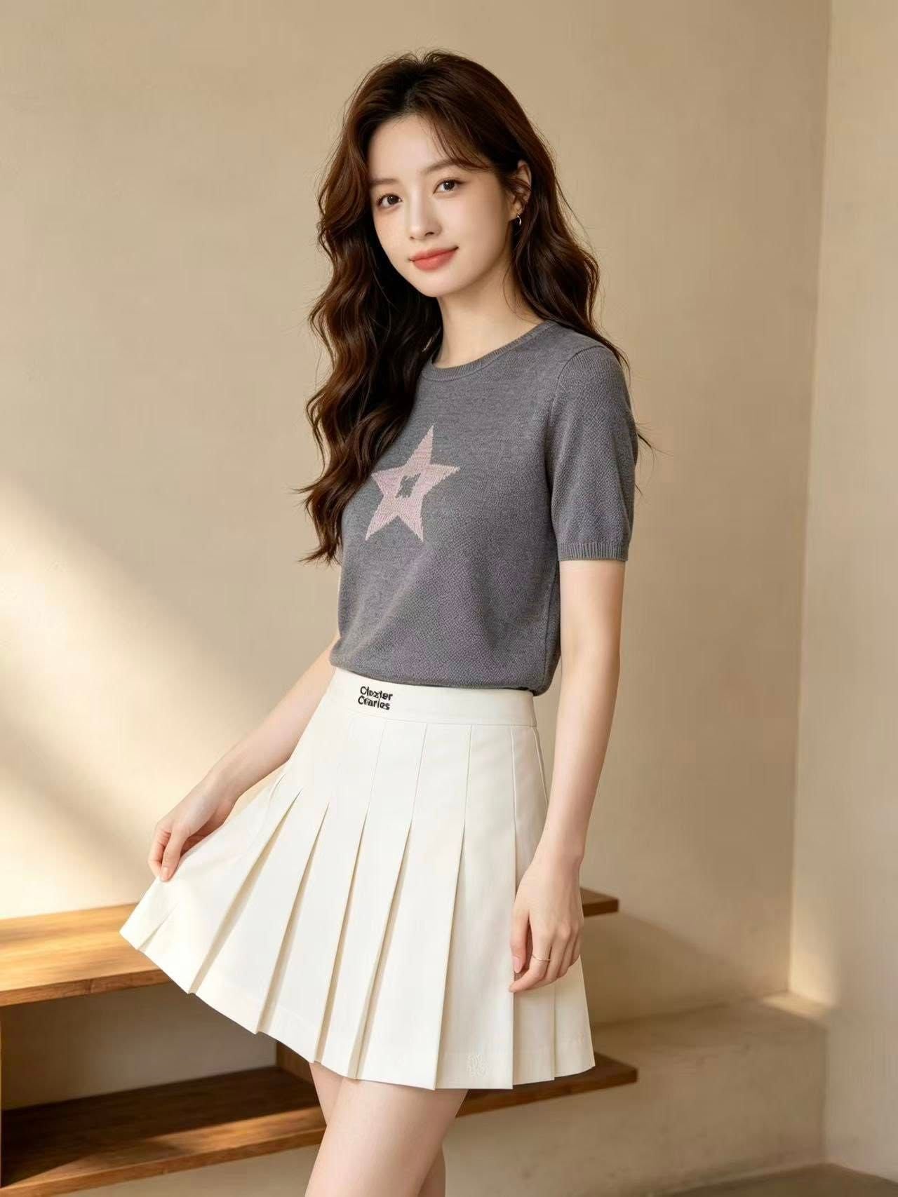  Chân váy ngắn trắng cạp chữ đen 